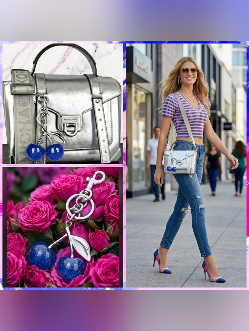 2pc Bundle : Michael kors Silver Manhattan Crossbody & Blue Cherry Bag Charm